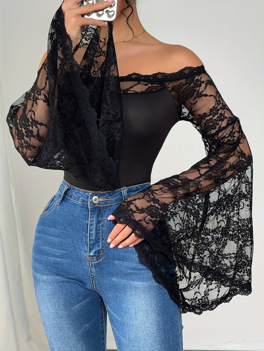 Women's Off-the-Shoulder Lace Spliced Bell Sleeve Top - Semi-Sheer Slim Fit Blouse for Spring/Summer, Casual & Party Wear, Machine Washable Elegant Tops, Spring Summer Apparel, Delicate Fabric Design - Black