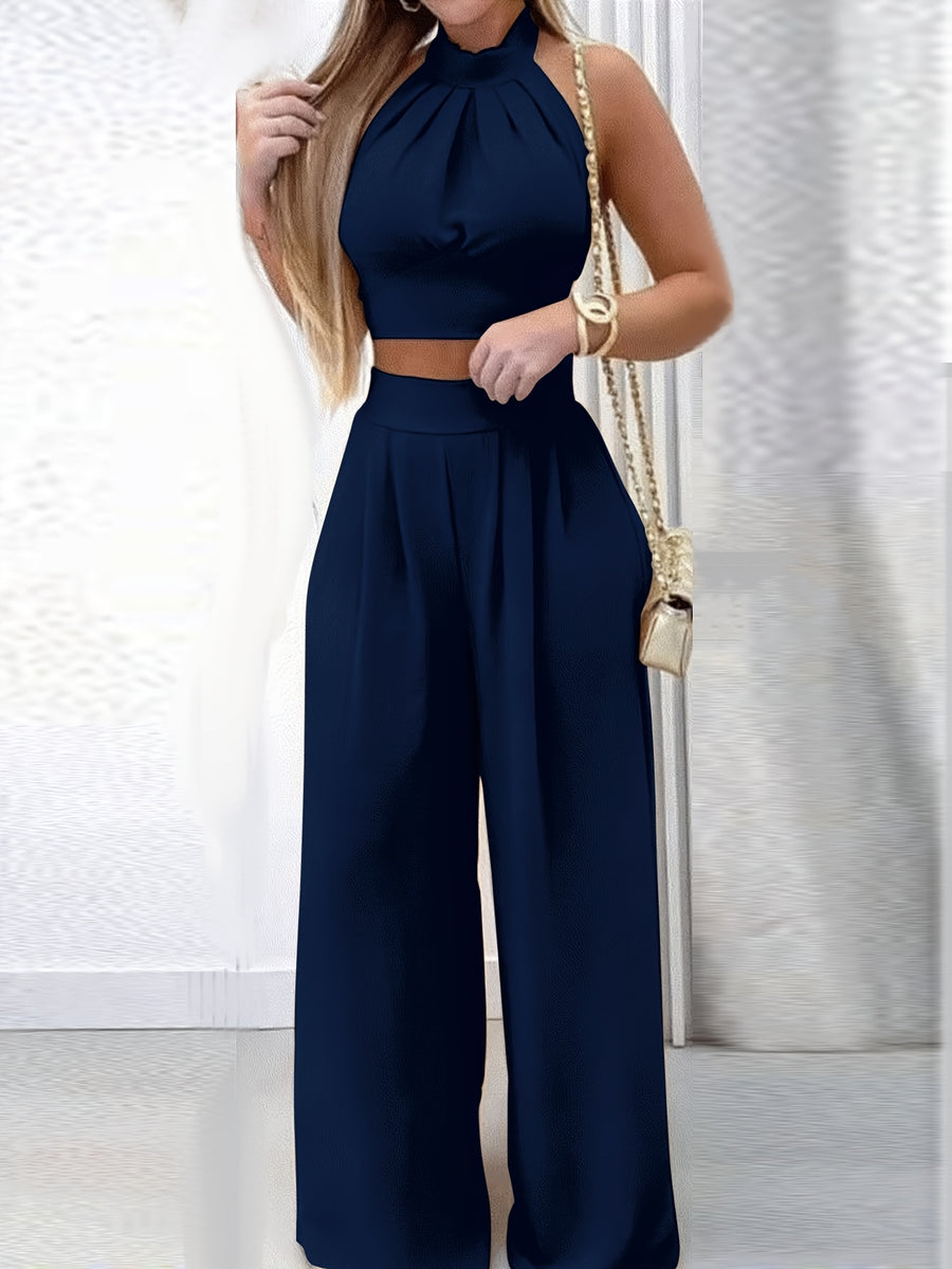 Summer New Elegant Fashion Commute Casual All-Match Pleated Off-Shoulder Tie-Top Top And Gathered Pleated Long Pants 2pcs Set Women - Navy blue color