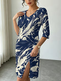 Navy Floral Print Women'S V-Neck 3/4 Sleeve All-Over Print Midi Dress, Fashion Front Slit Dress, Versatile for Daily Commute, Home & Dates, Ideal Gift Choice - Multicolor
