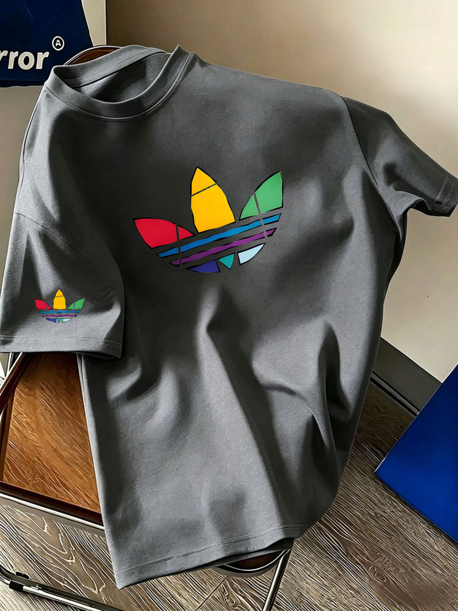 Men's Summer Casual Sports T-Shirt Colorful Trefoil Print Design Street Casual Trendy Design Suitable for Multiple Occasions Sporty Style Round Neck Breathable Quick-Dry Daily Wear - Grey