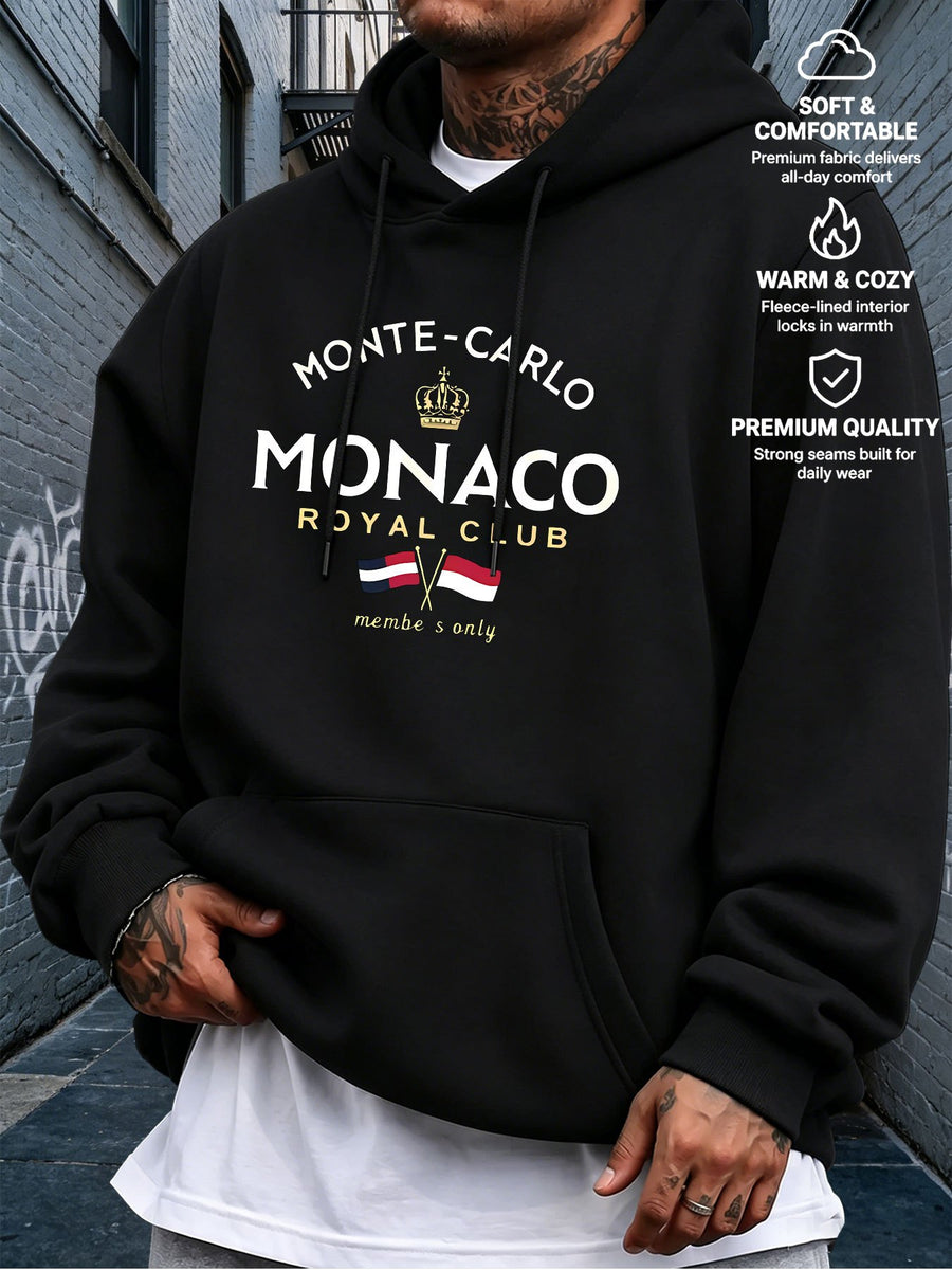 Men's Hooded Sweatshirt MONTE-CARLO Monaco Print European and American Urban Style Mature Men's Top - Black