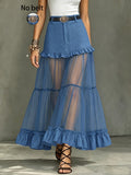 [Printed Skirt - Not Faux Denim Fabric]Women'S Spring Summer Elegant Fashion Casual Faux Denim Patchwork Chiffon Ruffled Half Skirt, No Belt - Blue