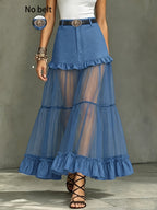 [Printed Skirt - Not Faux Denim Fabric]Women'S Spring Summer Elegant Fashion Casual Faux Denim Patchwork Chiffon Ruffled Half Skirt, No Belt - Blue