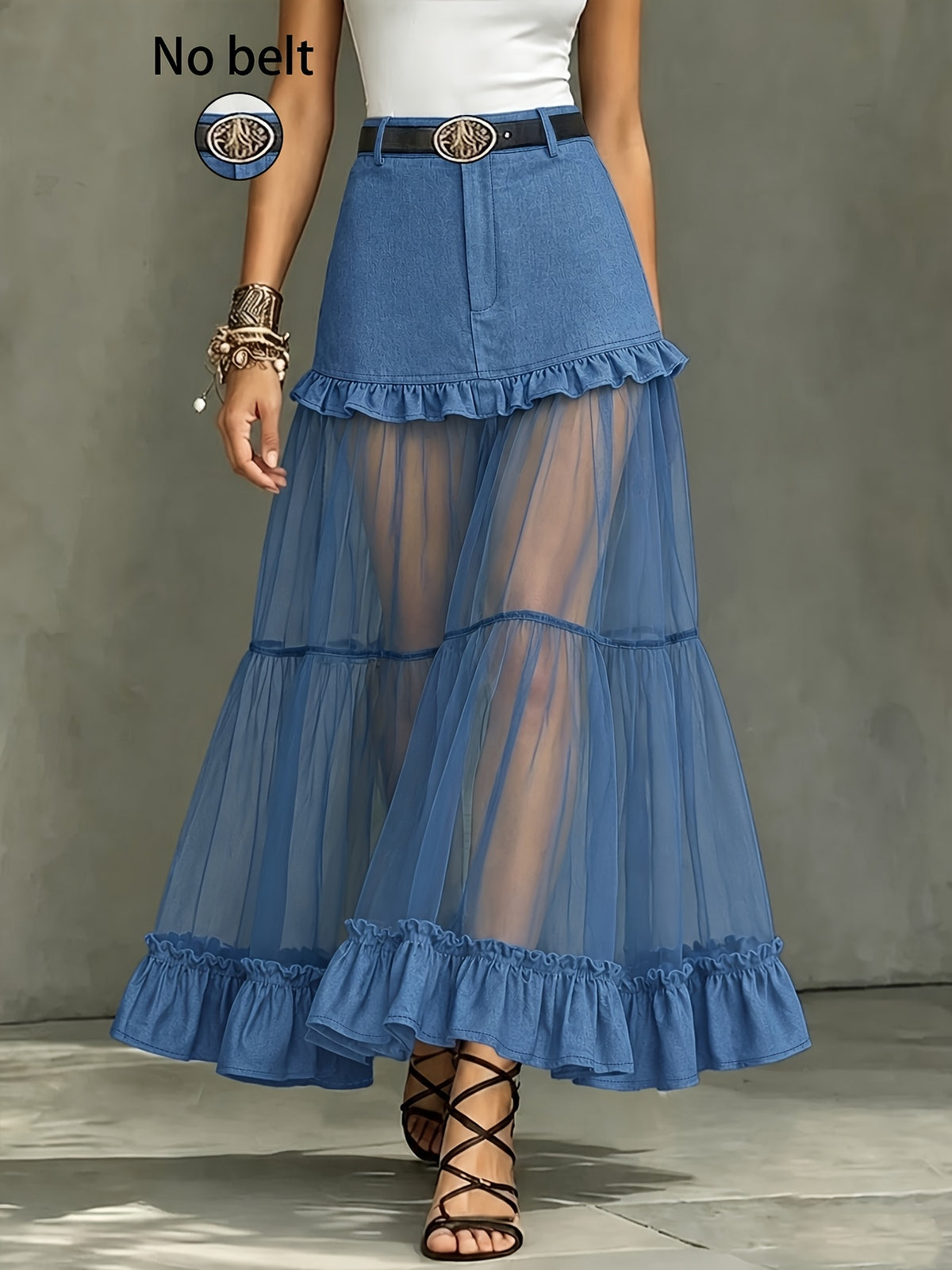 [Printed Skirt - Not Faux Denim Fabric]Women'S Spring Summer Elegant Fashion Casual Faux Denim Patchwork Chiffon Ruffled Half Skirt, No Belt - Blue