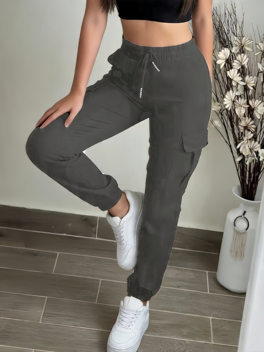Women'S Pocket Drawstring Cargo Pants. Summer Sports Long Pants with Elastic Cuffs Stretchy Casual Fitness Yoga Joggers for Running. Outdoor Cycling - Dark Gray