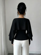 Women's Fashionable Solid-color V-neck Pleated Shawl-style Long-sleeved Fitted T-shirt with Side Pleats for Waist Shaping and an Irregular Shawl Design as a Base Layer T-shirt, Suitable for Early Autumn Season. - Black