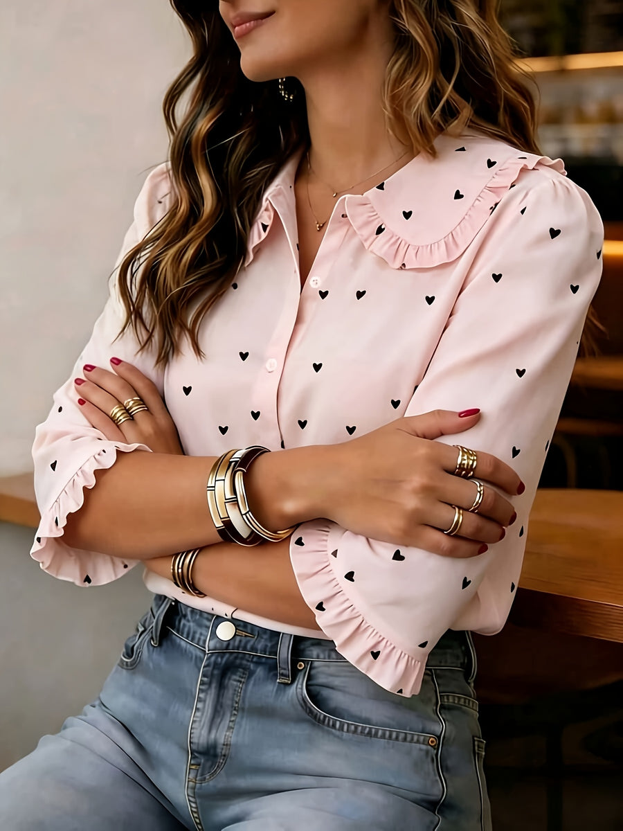 Women'S Heart Print Short Sleeve Blouse with Peter Pan Collar And Ruffled Cuffs - Pink Color