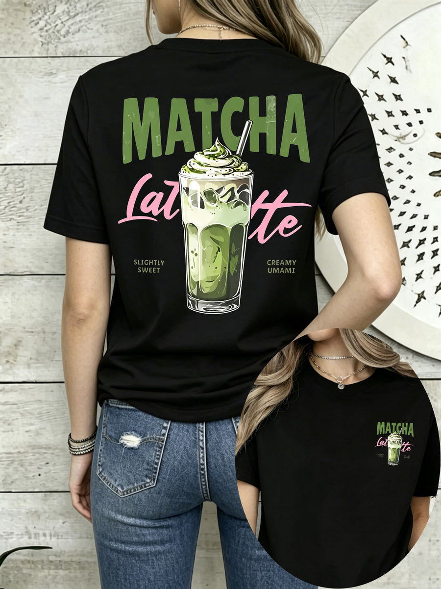 Short Sleeve T-Shirt with Front And Back Panels - Matcha Latte, Japanese Dessert Fashion Print - Women'S Spring Summer Trendy Printed T-Shirt, Fashion Item - Black
