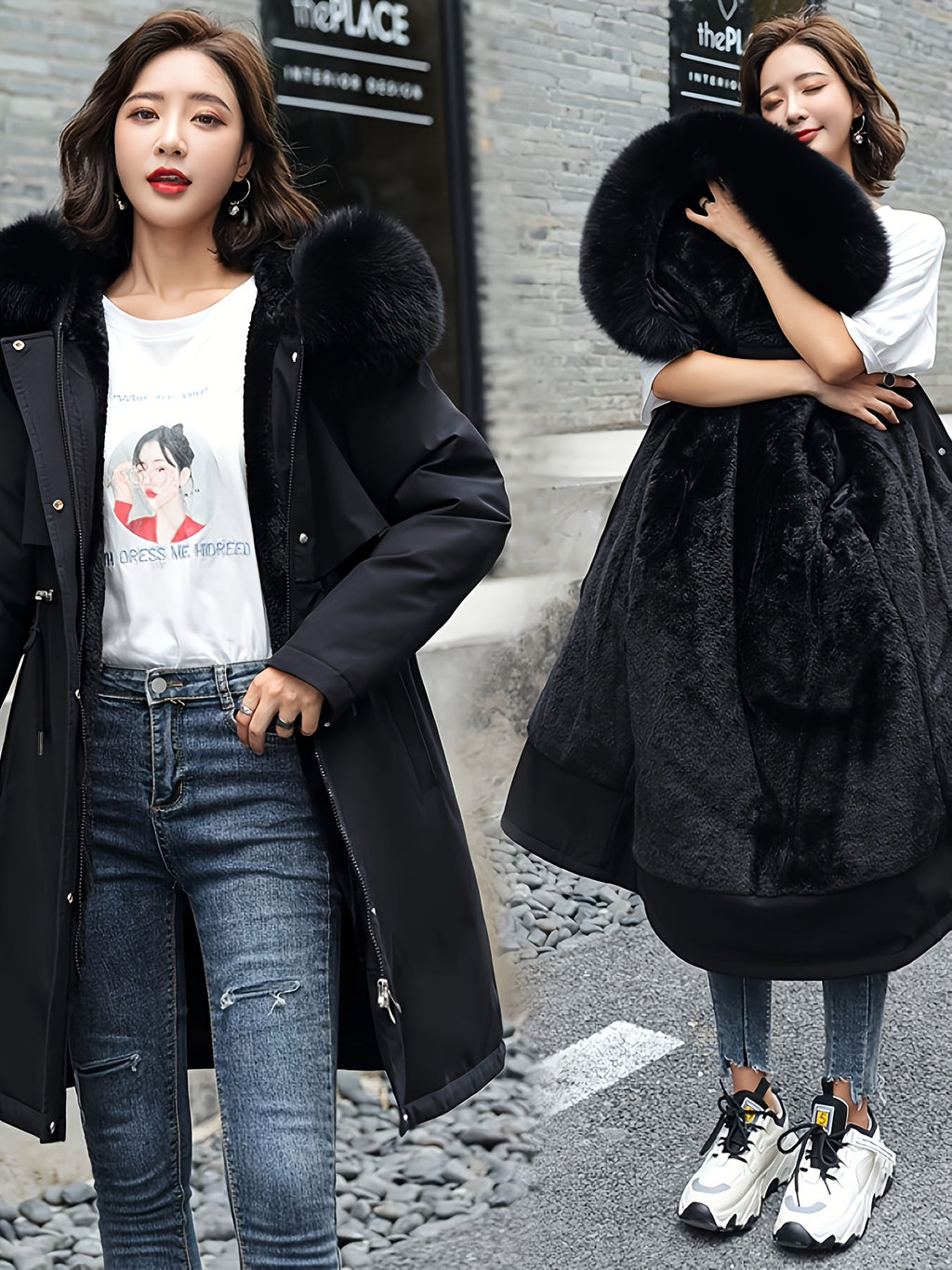 Winter New Mid-Length Fleece-Lined Vest Coat Trendy Women'S Coat Removable Collar - Black