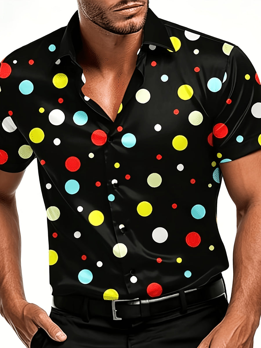 Fashion Retro Color-Block Black Background Colorful Polka Dot Men'S Short Sleeve Shirt, Summer Outing, Light Mature Style, Suitable for Daily Wear And Various Occasions - Red