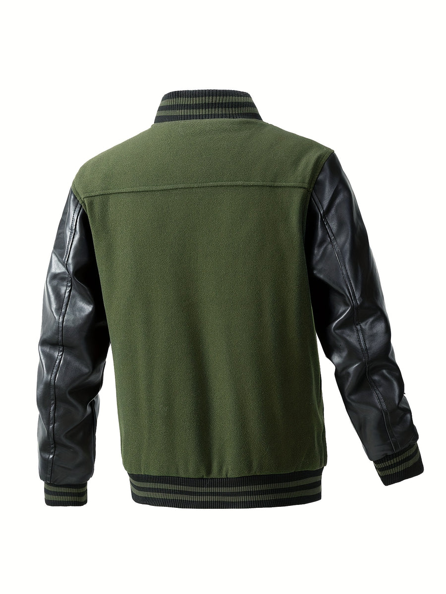 Men'S Winter Jacket, Trendy American Baseball Coat for Autumn And Winter, Casual Embroidered Plus-Size Outerwear with PU Sleeves, Windproof Men'S Jacket - fern green