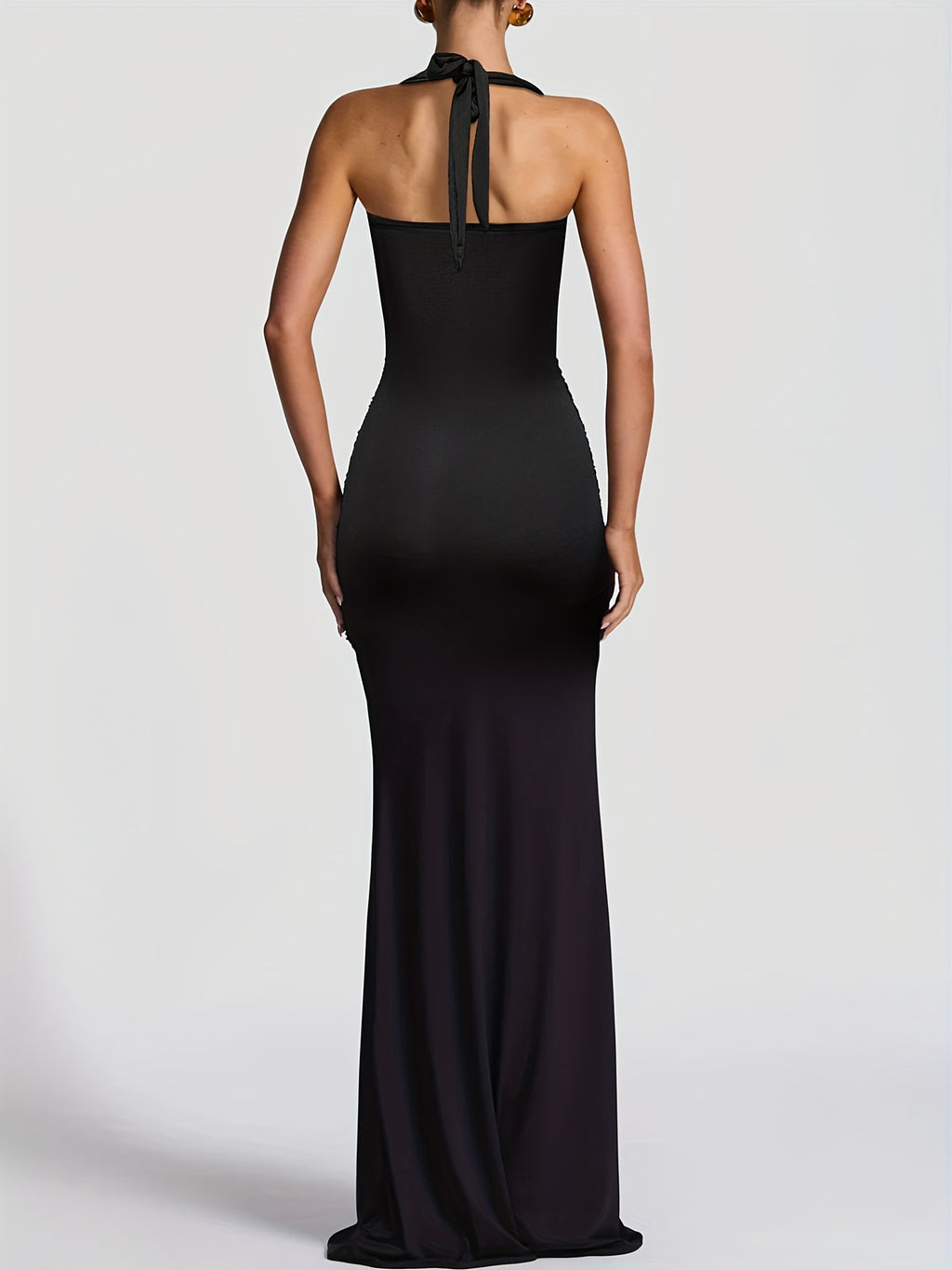 Women'S Sexy Bandeau Halter Mesh Patchwork Long Dress, Fashionable Elegant Semi-Sheer Ruched Evening Gown for Prom Parties - Black