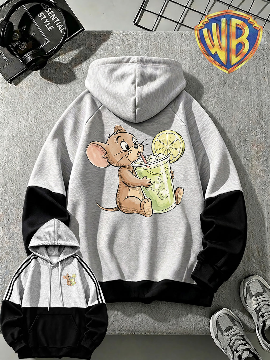 WB Men's Warner Bros. Official Merchandise Hooded Sweatshirt Jacket - Color-Block Spliced Hoodie with Kangaroo Pocket, Cartoon, Loose Fit Pullover Suitable for All Seasons, Machine Washable for Daily Wear, Commuting & Gifts - Black And Grey