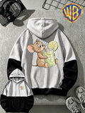 WB Men's Warner Bros. Official Merchandise Hooded Sweatshirt Jacket - Color-Block Spliced Hoodie with Kangaroo Pocket, Cartoon, Loose Fit Pullover Suitable for All Seasons, Machine Washable for Daily Wear, Commuting & Gifts - Black And Grey