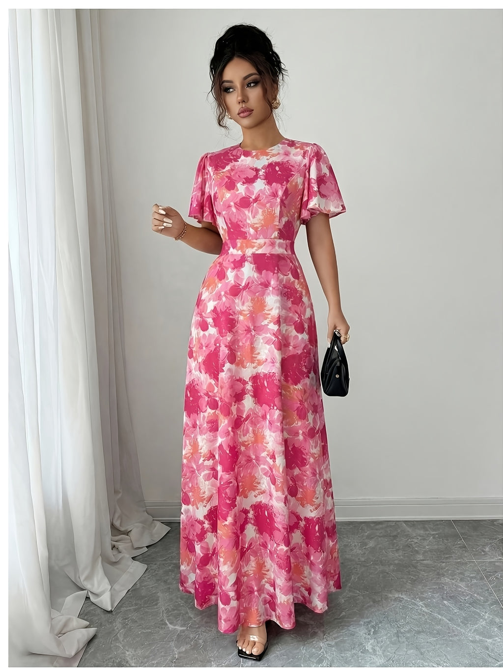 Elegant, Exquisite And Fashionable Floral Print Round Neck Short-Sleeve Long Dress - Red