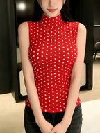 Single Piece Fashion Polka Dot Sleeveless High-Neck Vest, Comfortable And Soft, Suitable for Spring And Summer Festive Wear, Easy Casual Versatile Daily Commute Outfit - Red