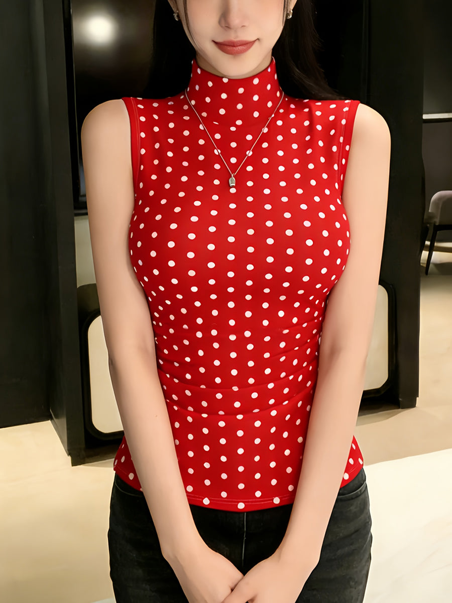 Single Piece Fashion Polka Dot Sleeveless High-Neck Vest, Comfortable And Soft, Suitable for Spring And Summer Festive Wear, Easy Casual Versatile Daily Commute Outfit - Red