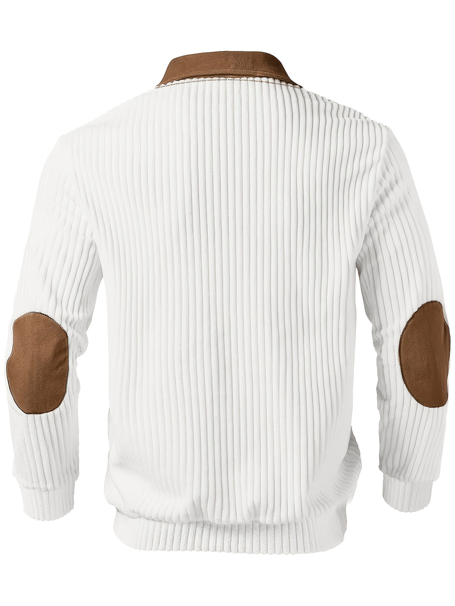New Christmas Men's Autumn/Winter Brushed Ribbed Cable Knit Sweater, Casual Color-Block Long Sleeve Patchwork Plush Sport Henley Zip-Up Top - White