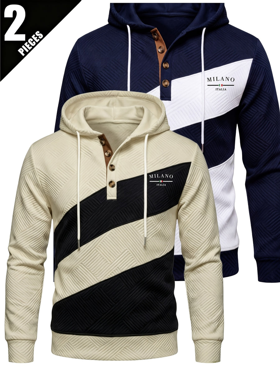 2pcs Men'S Patchwork Fashion Hoodie Set, Textured Color-Block Zipper Print Long Sleeve Hoodie, Regular Fit Street Casual Daily Outing - Navy Blue+Khaki