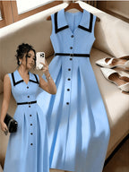 French Elegant Exquisite Light Blue Contrast Lapel Sleeveless Tank Dress, Front Button Placket with Black Belt Waist Cinch & Pleated Flared Midi Skirt, Fashion Slim-fit Luxury Temperament Women Outfit for Workplace Commute Dating Party - Sky Blue