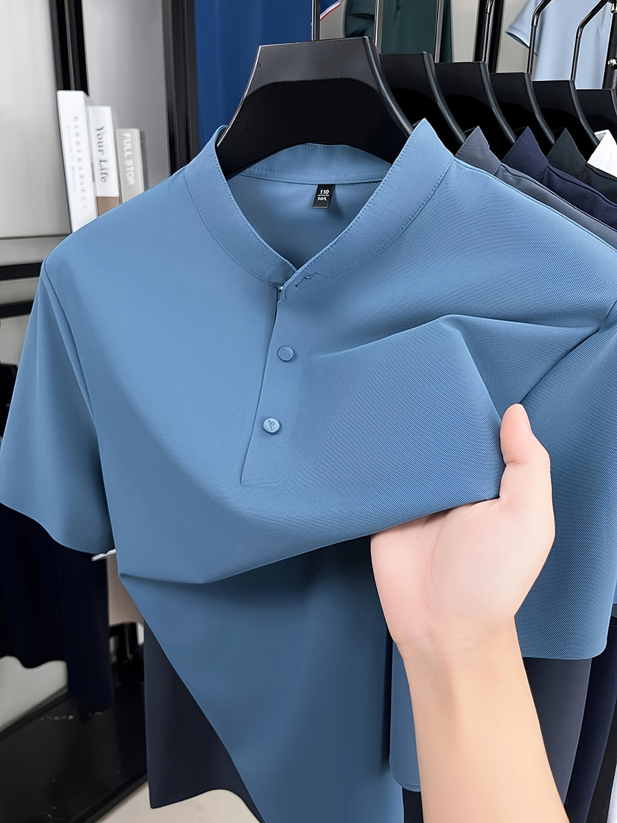 Summer Short-Sleeve T-Shirt for Men, Featuring a Solid Color, Breathable Fabric, And a Small Stand-Up Collar - Gray Blue