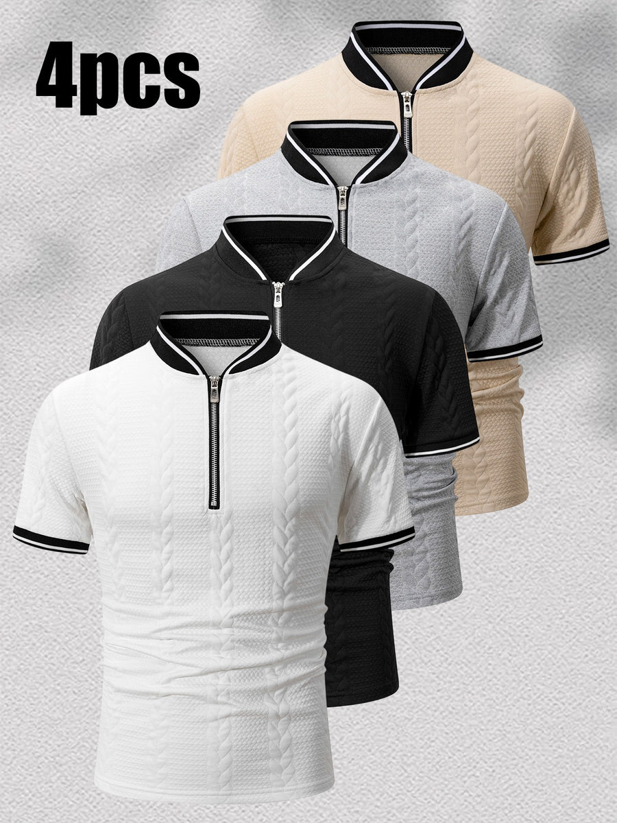 4pcs Solid Color Textured Texture Stand Collar Short Sleeve Men'S Contrast Striped Baseball Collar Short Sleeve Polo Shirt Summer Half-Button Baseball Collar T-Shirt Casual All-Match Top, Contrast Trimmed Collar And Cuffs, Front Zipper Design - + Black + Light Gray + Khaki