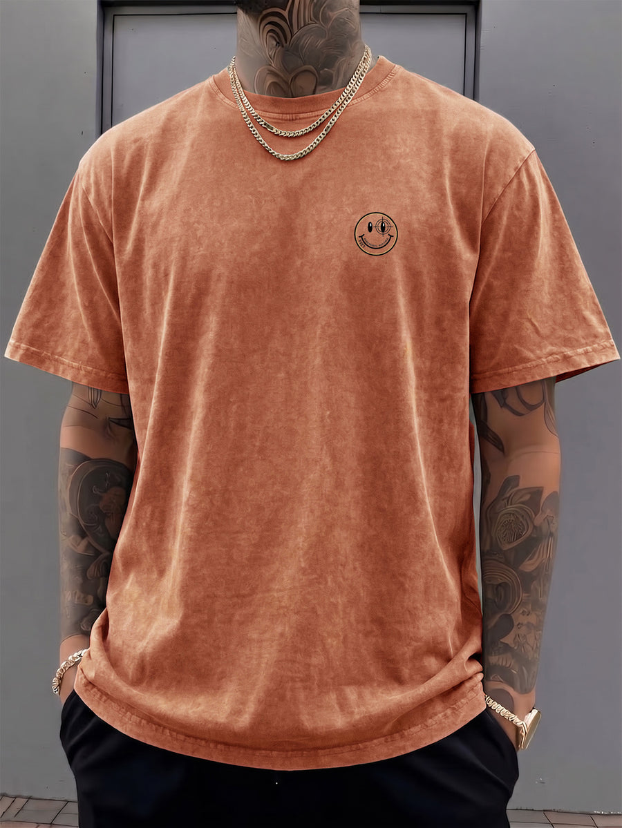 Short-sleeve T-shirt, Half-sleeve Top with a Small Joyful Face and Simple Circular Logo Print on the Chest, Trendy Print Available in 12 Colors for  Mix-and-match. Made of Pure Cotton with a Washed and Distressed Effect, Featuring a Loose Fit. - Orange