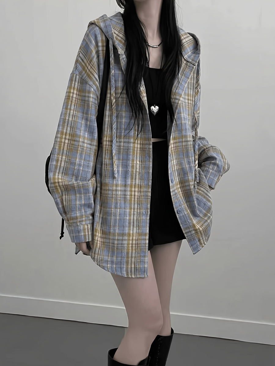 Hooded Mid-Length Checkered Shirt Jacket Women'S Early Spring New Loose Premium Long Sleeve Cardigan Top Directional - Yellow
