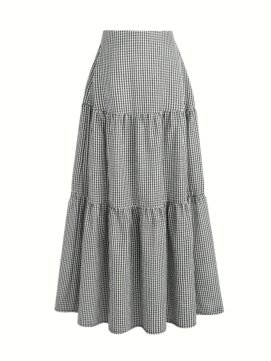 The Women'S Skirt Features a Minimalist Design, Suitable for Various Everyday Occasions, Embodying a Vintage French Style. It Has a High-Waisted Silhouette with an Elastic Waistband, Exuding Elegance And Sweetness. Perfect for Spring And Autumn - Black And White