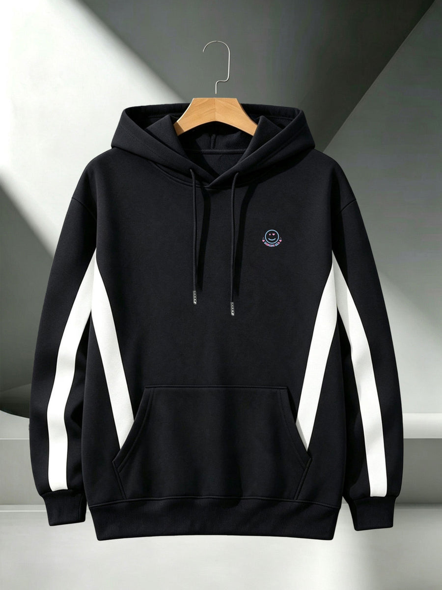 [4pcs] 2026 Autumn Winter Men'S Street Style Hooded Sweatshirt, Side Diagonal Contrast Lines Long Sleeve, Adjustable Drawstring Large Kangaroo Pouch for Phone, Skin-Friendly Warm Back-To-School Casual Rock Party Versatile Pullover Hoodie - Black + Black + Black + Black