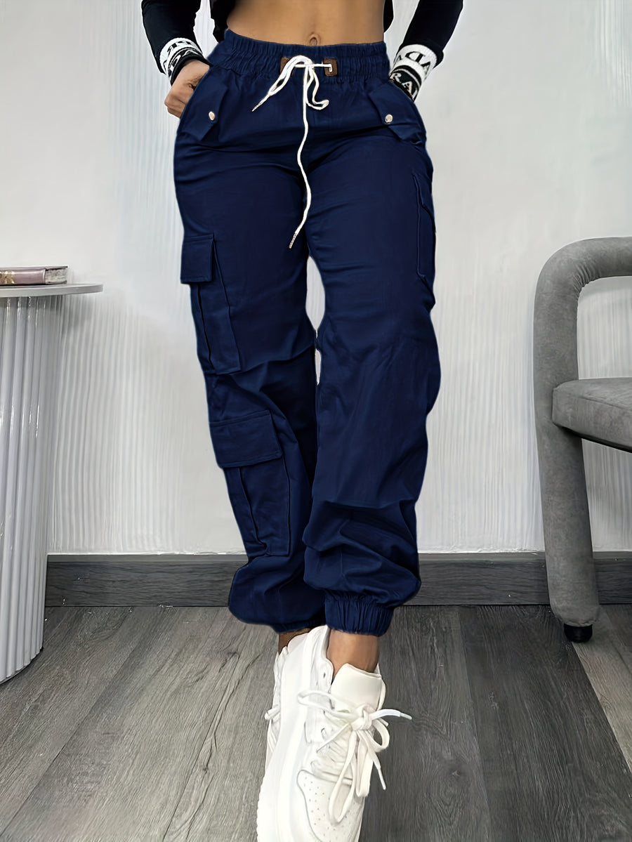 Christmas, Women'S Casual Drawstring Elastic Waist Jogger Pants, Minimalist Design Y2K Street Style Multiple Pockets Spring/Summer - Navy Color