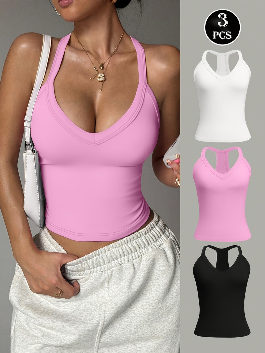3pcs/set Y-back Cropped Tank Top, V-neck Sleeveless Slim-fit Basic T-shirt, Suitable for Daily and Casual Wear, Yoga, Running, Fitness, Stretchy Athletic Workout Tank Top, Breathable - White+Pink+Black