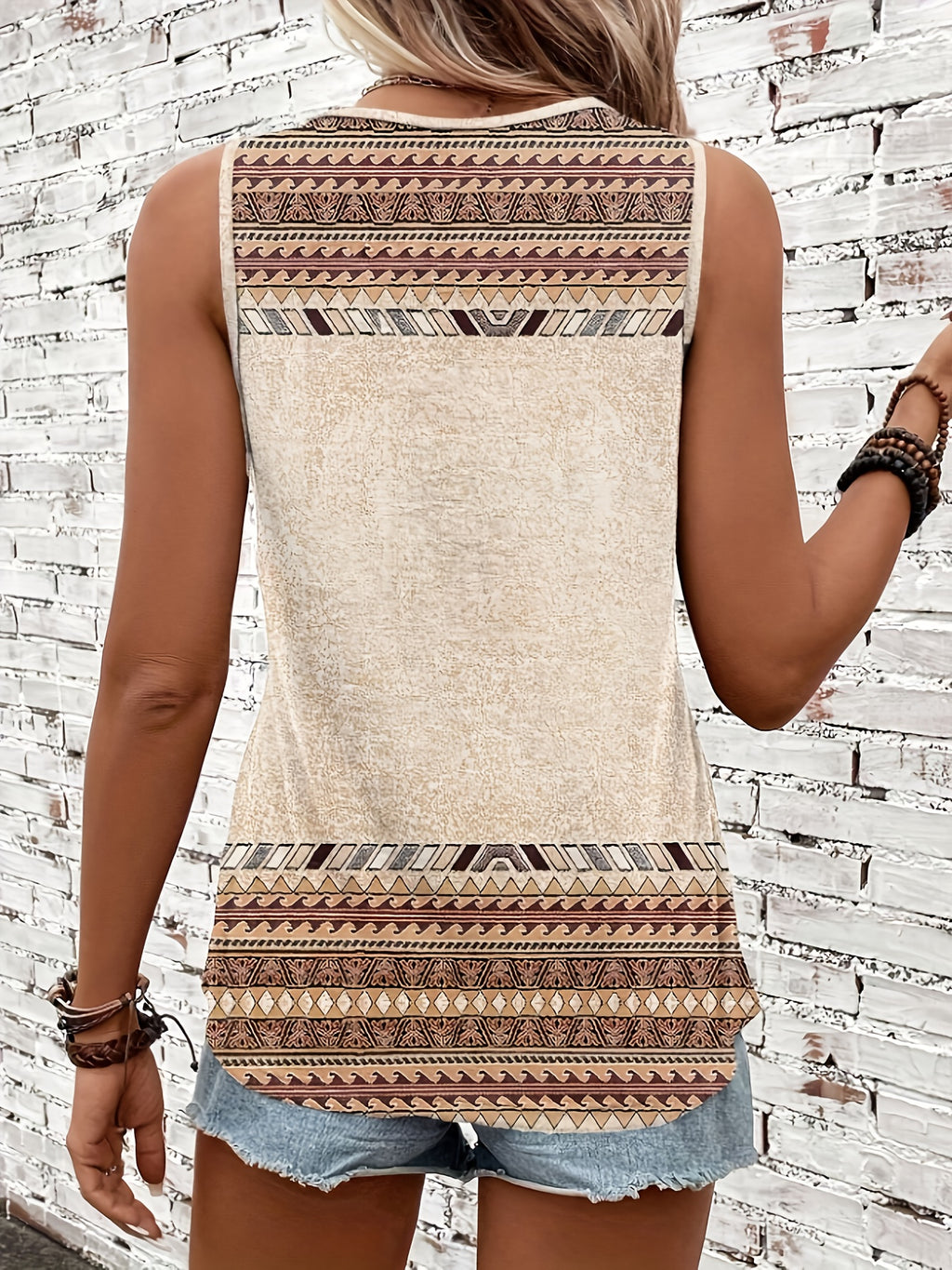 Women'S Fashion Casual Round Neck Printed Tank Top - Apricot
