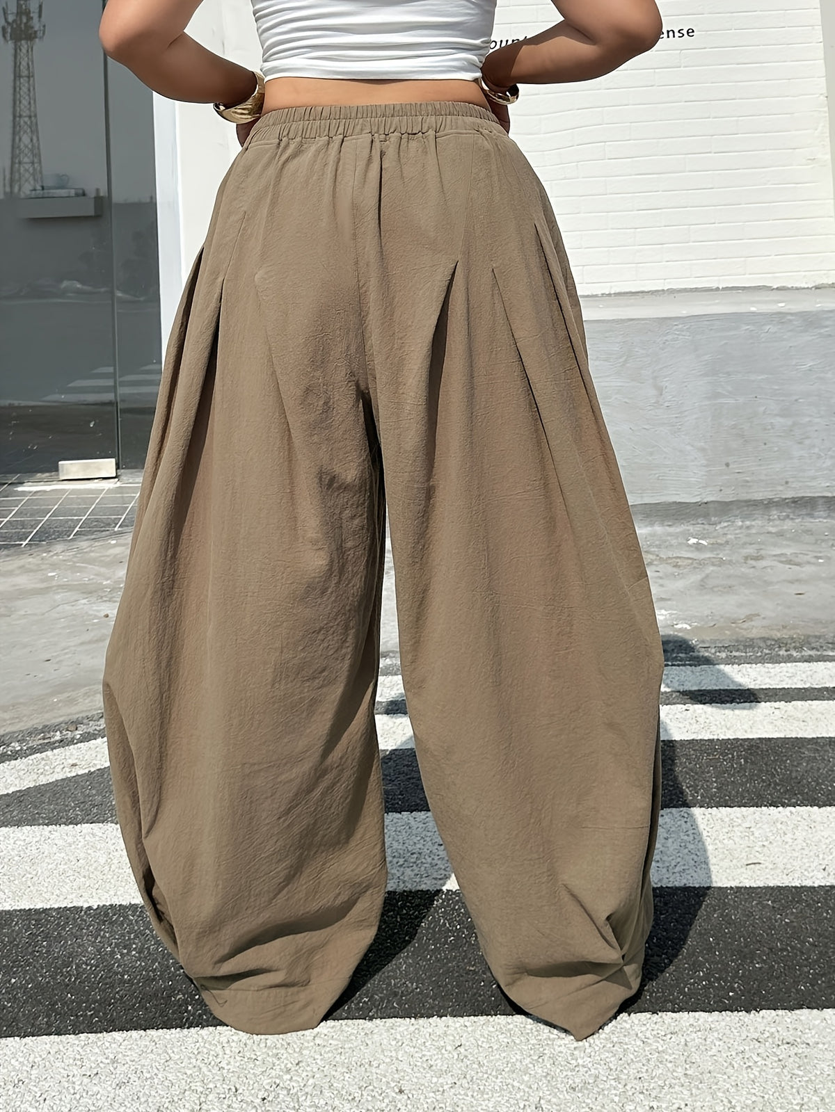 Plus Size, Plus Size Women's Solid Color Elastic Waist Pleated Wide-Leg Pants - Khaki
