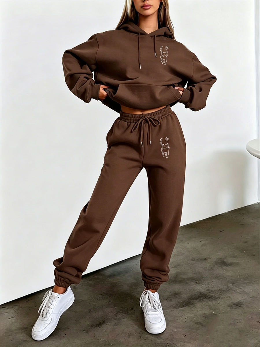 Autumn And Winter Trendy Fashion Hooded Drawstring Sweatshirt And Sweatpants Women'S Set, White Line Art Cat Print, Minimalist Line Style, Hooded Drawstring Design, Sweatshirt Front Kangaroo Pocket Design, Comfortable Wear in Cold Weather - Coffee Brown