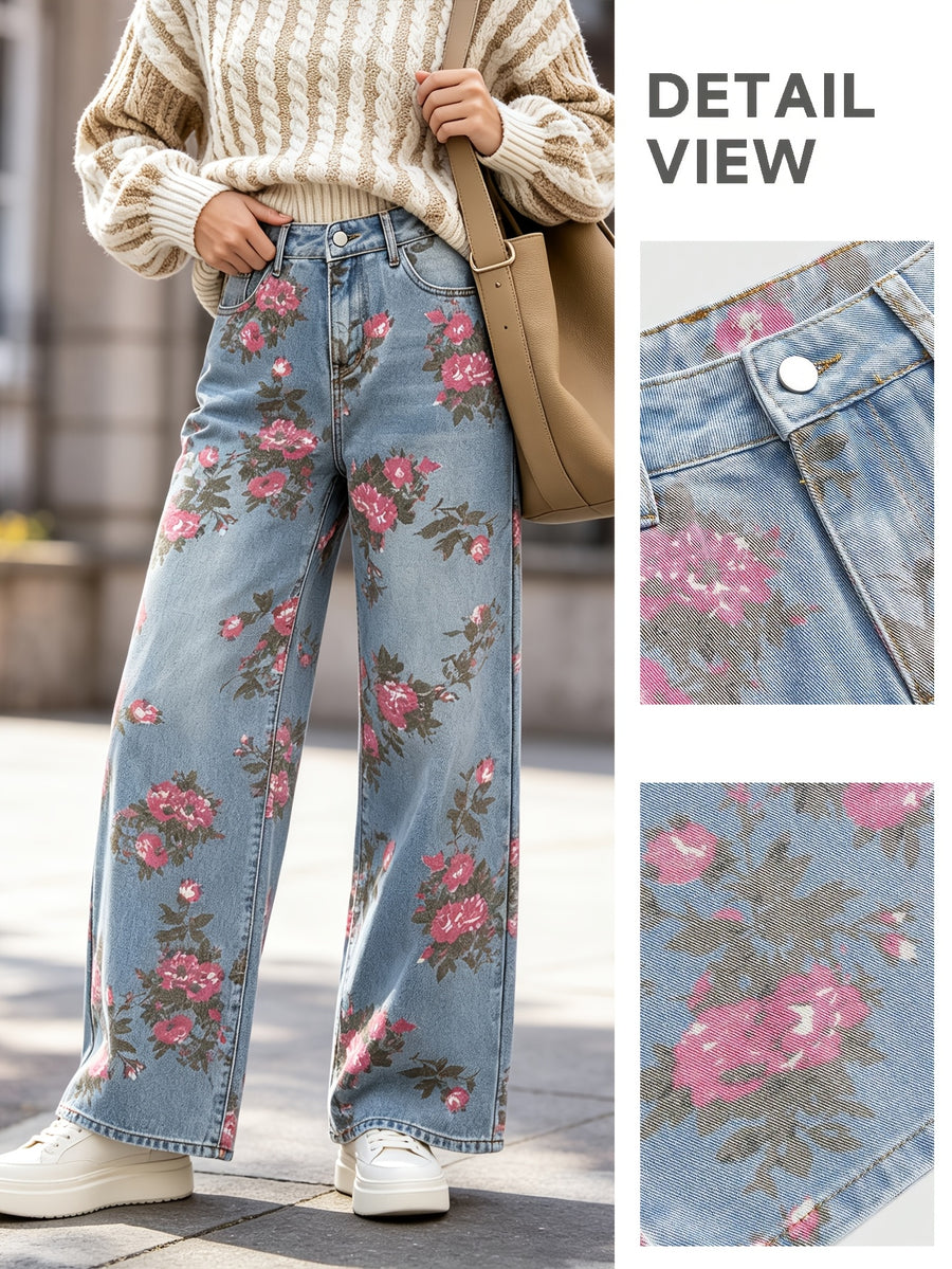 Vintage Boho Low-Rise Wide Leg Jeans for Women, Floral Print Whiskering Denim Trousers - Mixed colors