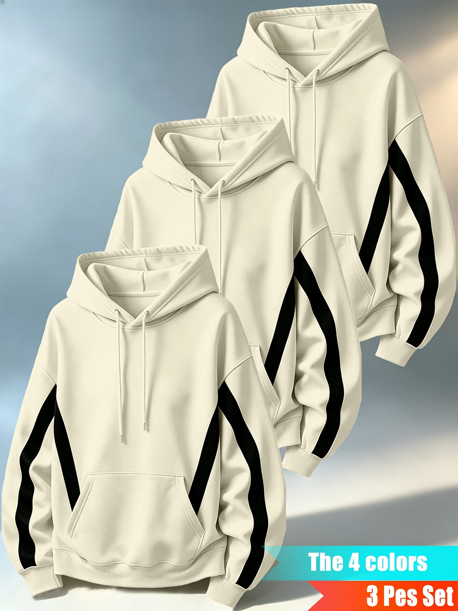 Men'S Three-Piece Casual Hooded Sweater Set, Featuring Contrast-Colored Spliced Sleeves with Drawstrings, Loose-Fitting Pullover Shirt, Long-Sleeved Sports Top for Daily Wear - Apricot + Apricot + Apricot