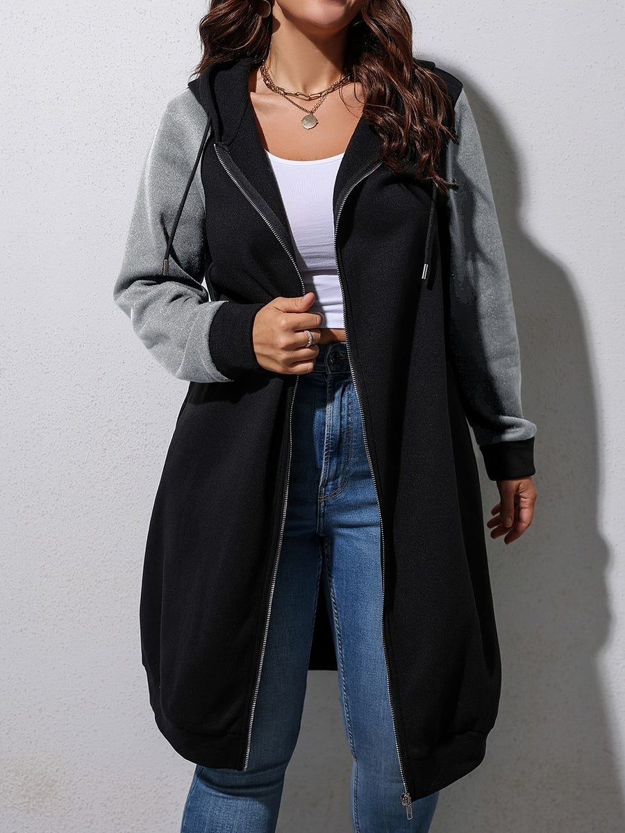 Plus Size Women'S Fashion Color Block Hoodie Coat - Mid-Length Stylish Jacket Perfect for Autumn & Winter Outfits - Black Gray
