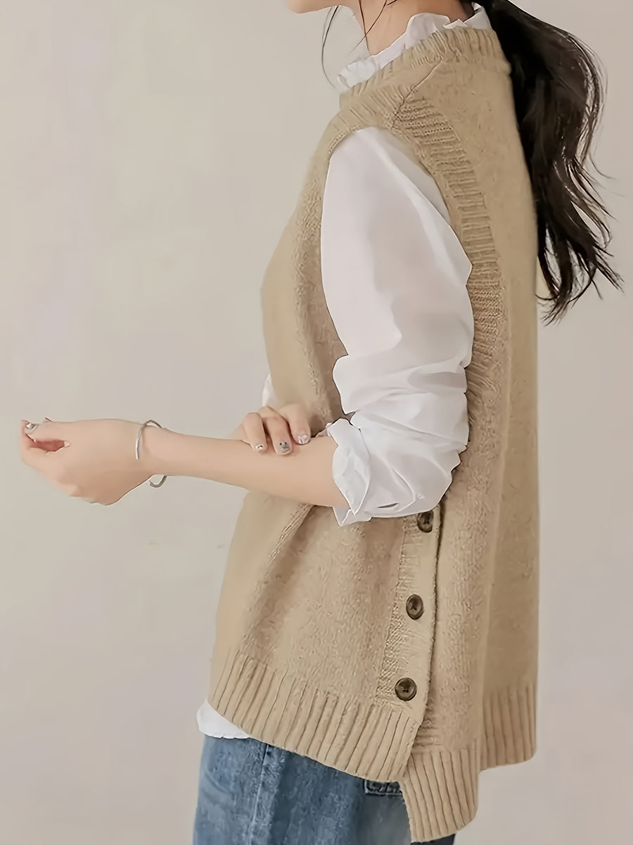 Round Neck Short Front And Long Back Button Sweater - Apricot