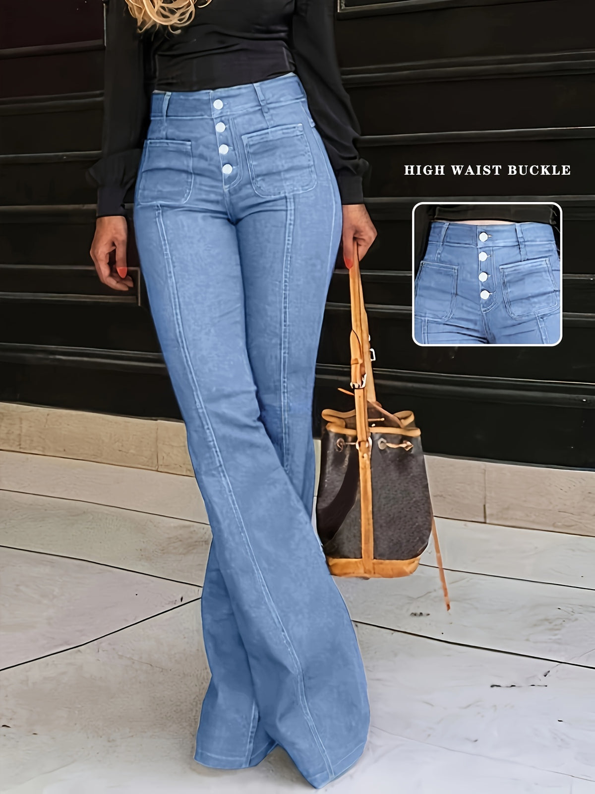 Women's Button-fly, Stretch Denim, Slim-fit Flared Pants, Elegant and Classic, Versatile Fashion, All-season Style, Women's Flared Jeans - Sky Blue