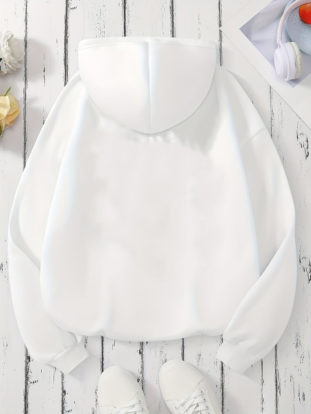 Vintage Floral English Print Hooded Sweatshirt And Wide-Leg Long Pants Set, Cool Side Lettering Design Relaxed Casual Two-Piece Set Western Style Everyday Wear for Women - White+White