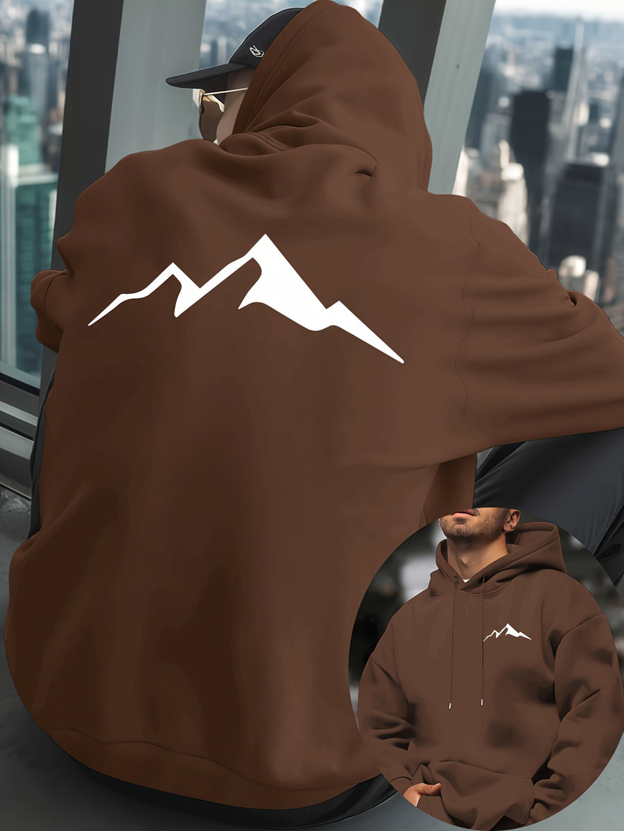 Mountain Men'S New Trendy Autumn Winter Hooded Sweatshirt, Casual Daily Drawstring Hoodie Creative Design Print, Kangaroo Pocket, Unisex Top - Coffee Brown