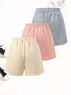 3pcs Women's Elegant Casual Joggers - Heart Print, Drawstring Loose Fit Summer Vacation s Pants, Machine Washable - Gray+Apricot+Pink