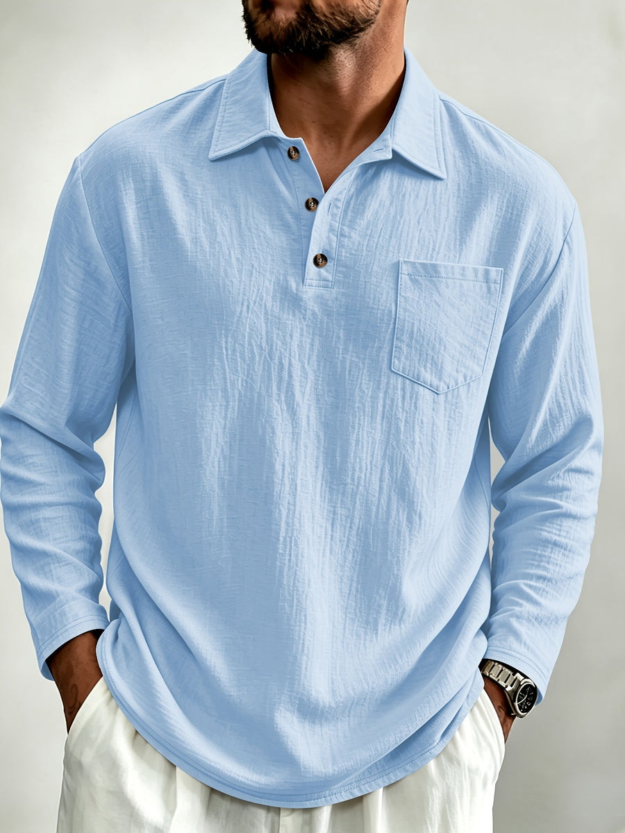 Men's Linen Long Sleeve Polo Shirt, Henley Button Placket Collared Top with Chest Pocket, Lightweight Breathable Casual Shirt for Daily Beach Vacation Wea - Sky Blue