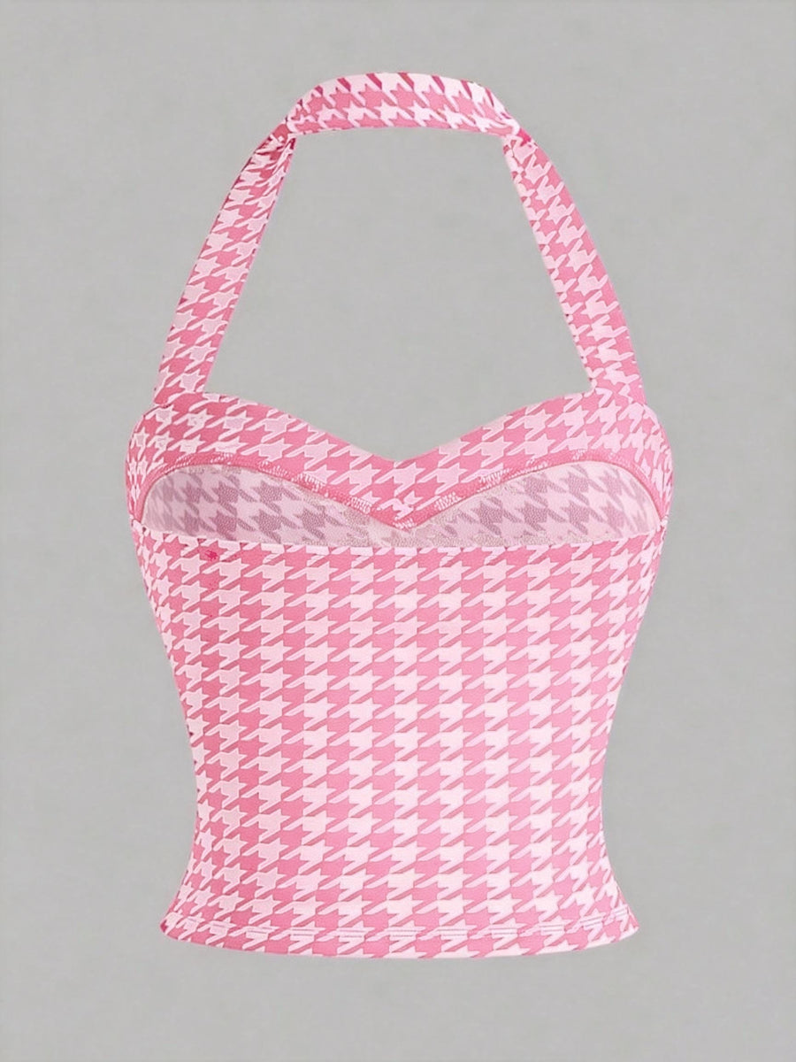 Houndstooth Print Women's Slim-fit Halter Top - Pink/White Check