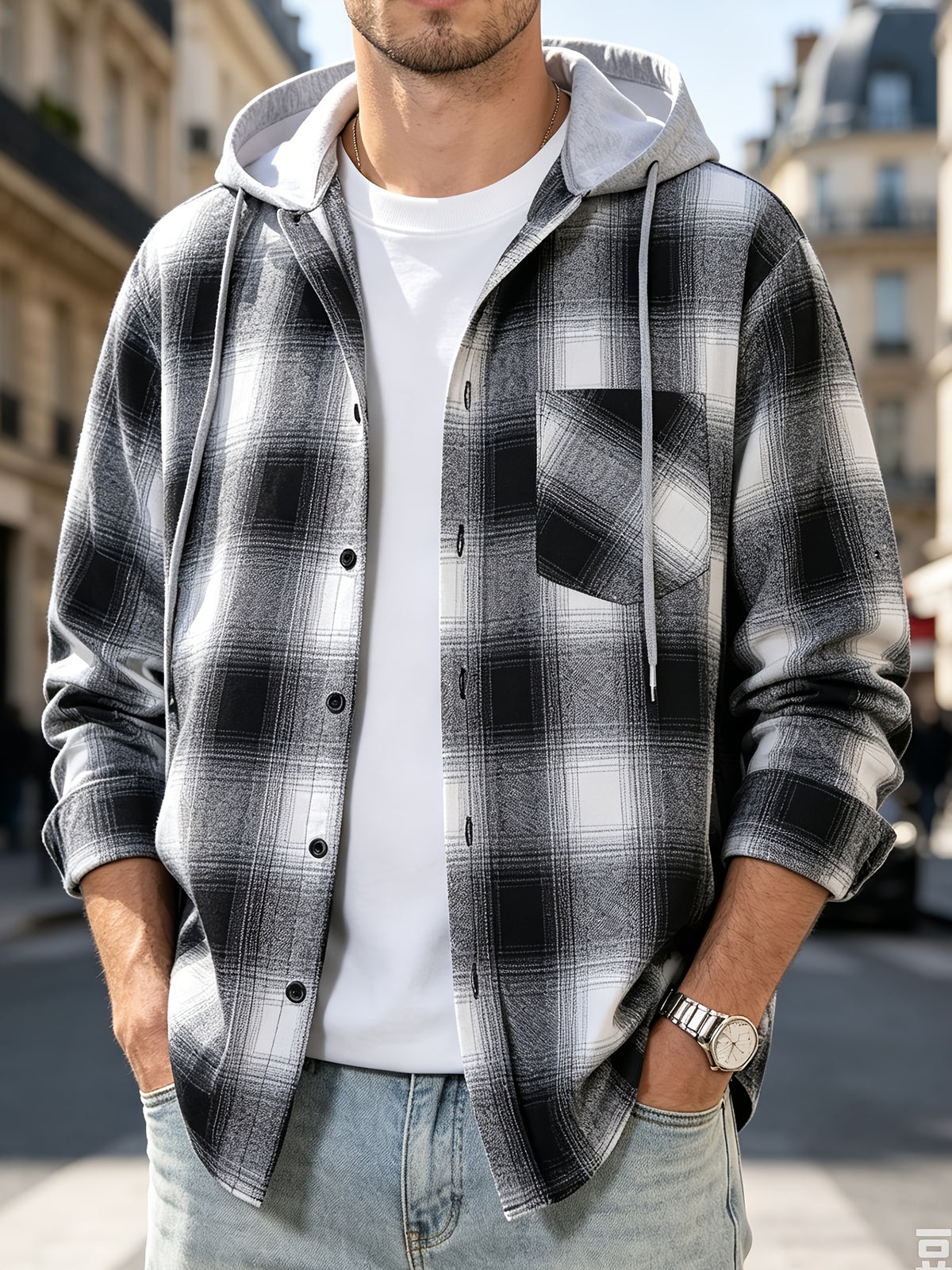 Men'S Hooded Plaid Shirt Jacket, Classic Color-Block Checkered Design, Layered And Practical, Loose Drop Shoulder Fit, Easy And Elegant Chest Pocket Detail, Suitable for Spring/Autumn Daily Commute, Casual Outings, And Dates - Black