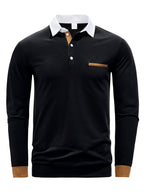 2025 Cross-Border European and American Fashion Men's Shirt Collar Long-Sleeve T-Shirt, Pocket Patchwork; Cuff Patchwork Style; Casual Long-Sleeve Lapel Polo Shirt;, Regular Fit, Autumn, Daily - Black