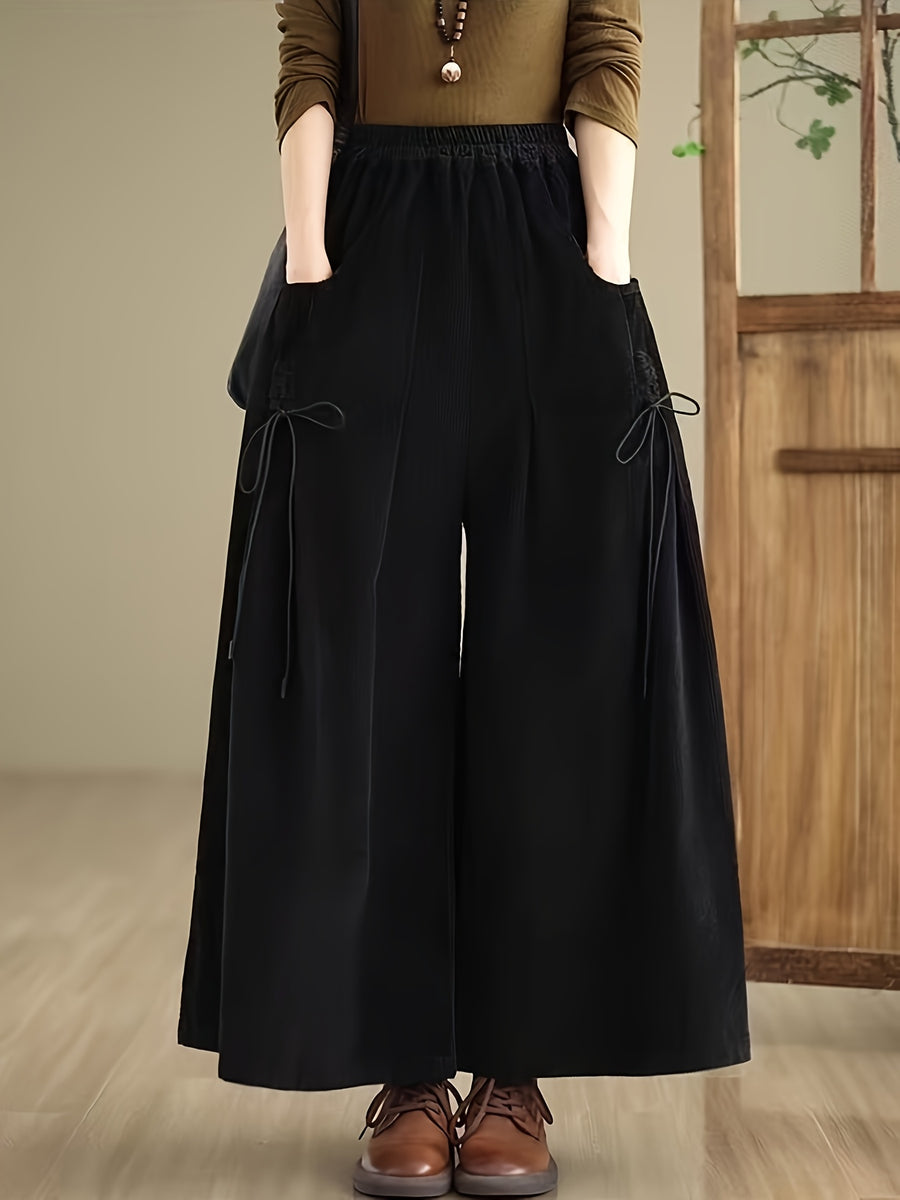 Corduroy Wide-Leg Pants with Elastic Corduroy Waist (Suitable for Body Types) - Solid Color Casual Trousers, Machine Washable,, Corduroy Pants for Casual Attire - Black