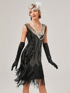 1920s Retro Sequin Gatsby Party Dress with Tassels, Short Sleeve Evening Gown for Banquets and Toasting Ceremonies - In Stock - Black Golden
