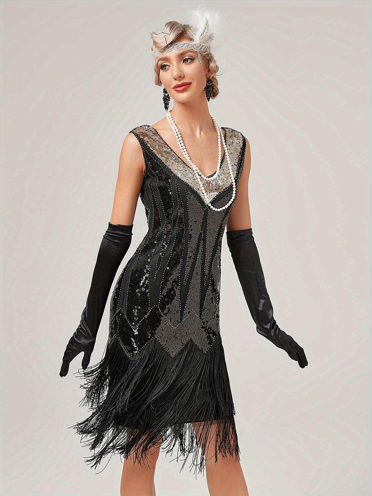 1920s Retro Sequin Gatsby Party Dress with Tassels, Short Sleeve Evening Gown for Banquets and Toasting Ceremonies - In Stock - Black Golden